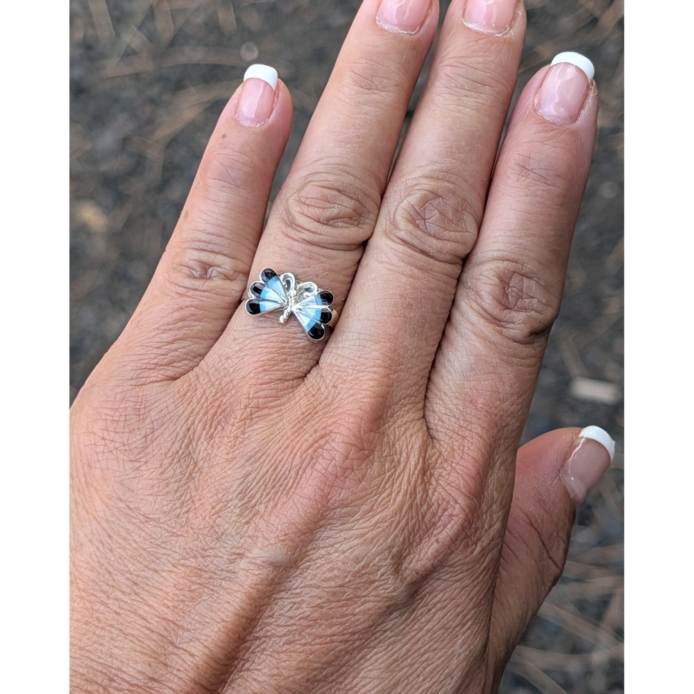 Womens Zuni Inlay Ring Butterfly Sterling Silver 7.75 Unsigned Native Jewelry **